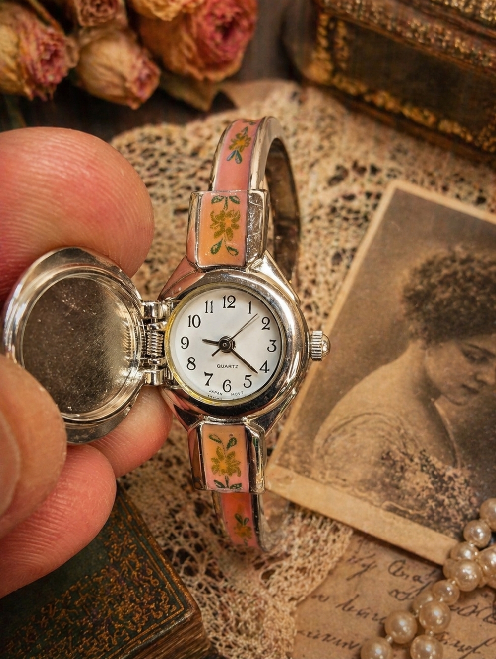 Vintage Floral Hidden Face Bangle Watch Pink Enamel Japan Runs